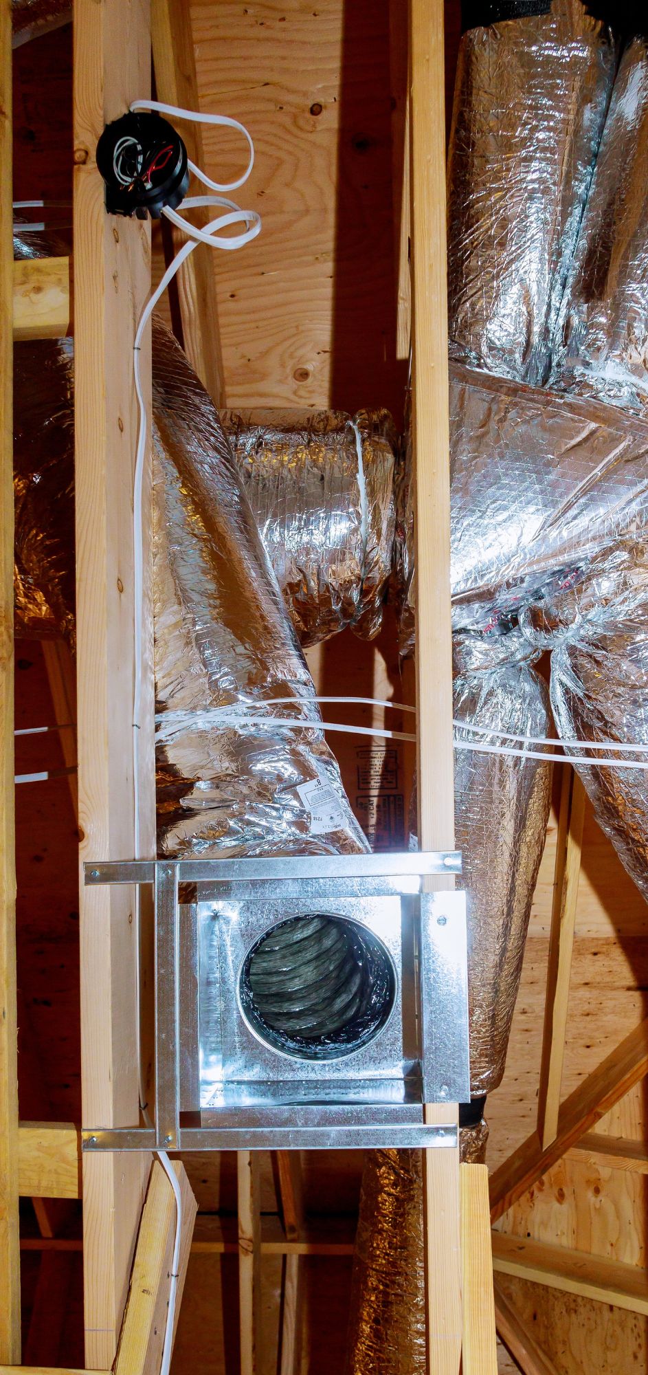 Insulated HVAC ducts in a wooden attic.